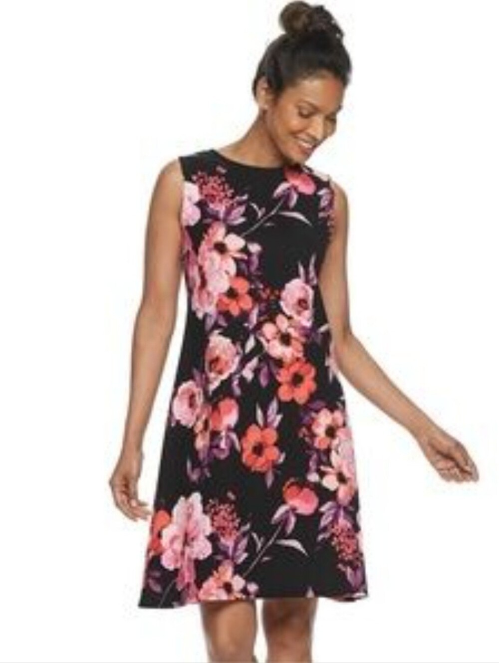 Croft & Barrow Black Floral Casual A-line Sleeveless Dress Size Lg